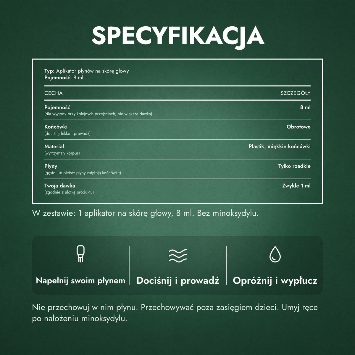 Specyfikacja: Aplikator do płynu z minoksydylem, Premium 8 ml