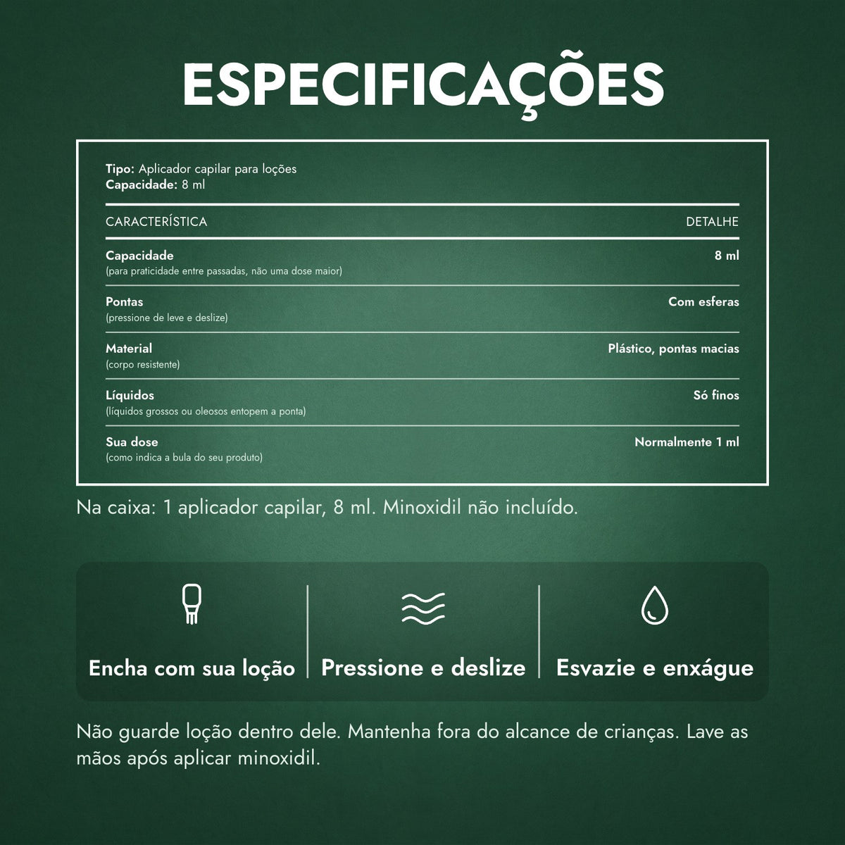 Especificações: Aplicador para loção de minoxidil, Premium 8 ml
