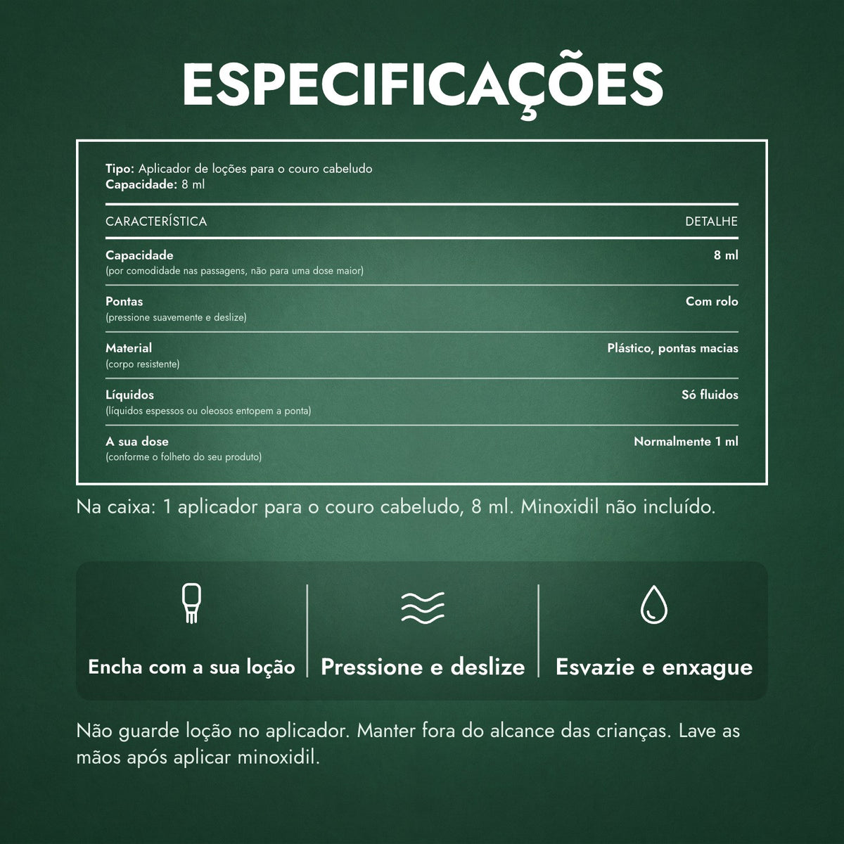 Especificações: Aplicador de loção de minoxidil, Premium 8 ml