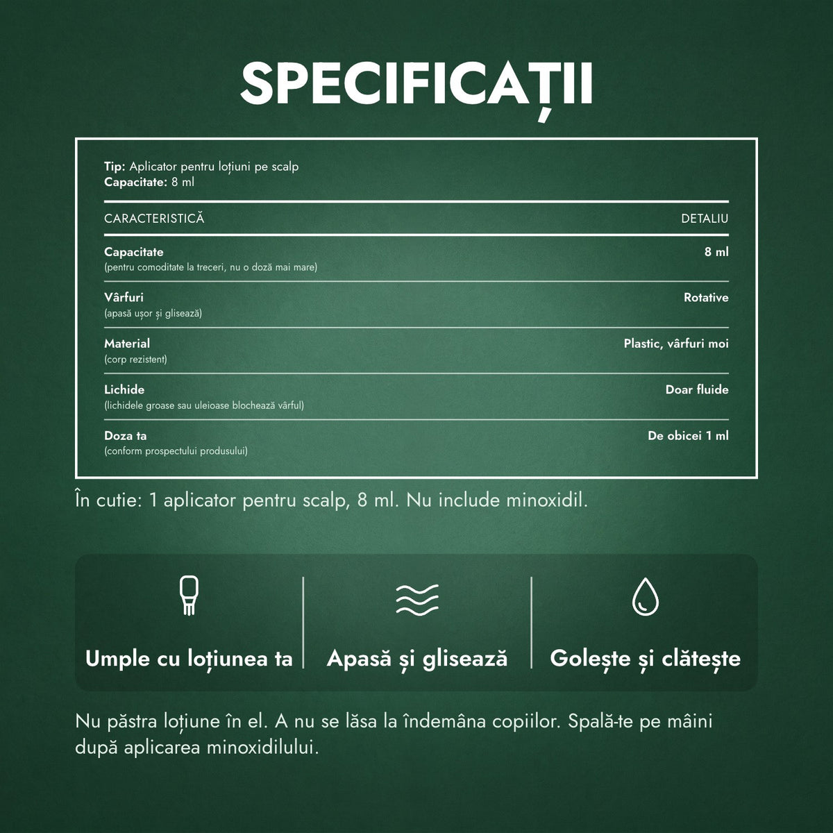 Specificații: Aplicator pentru loțiune cu minoxidil, Premium 8 ml
