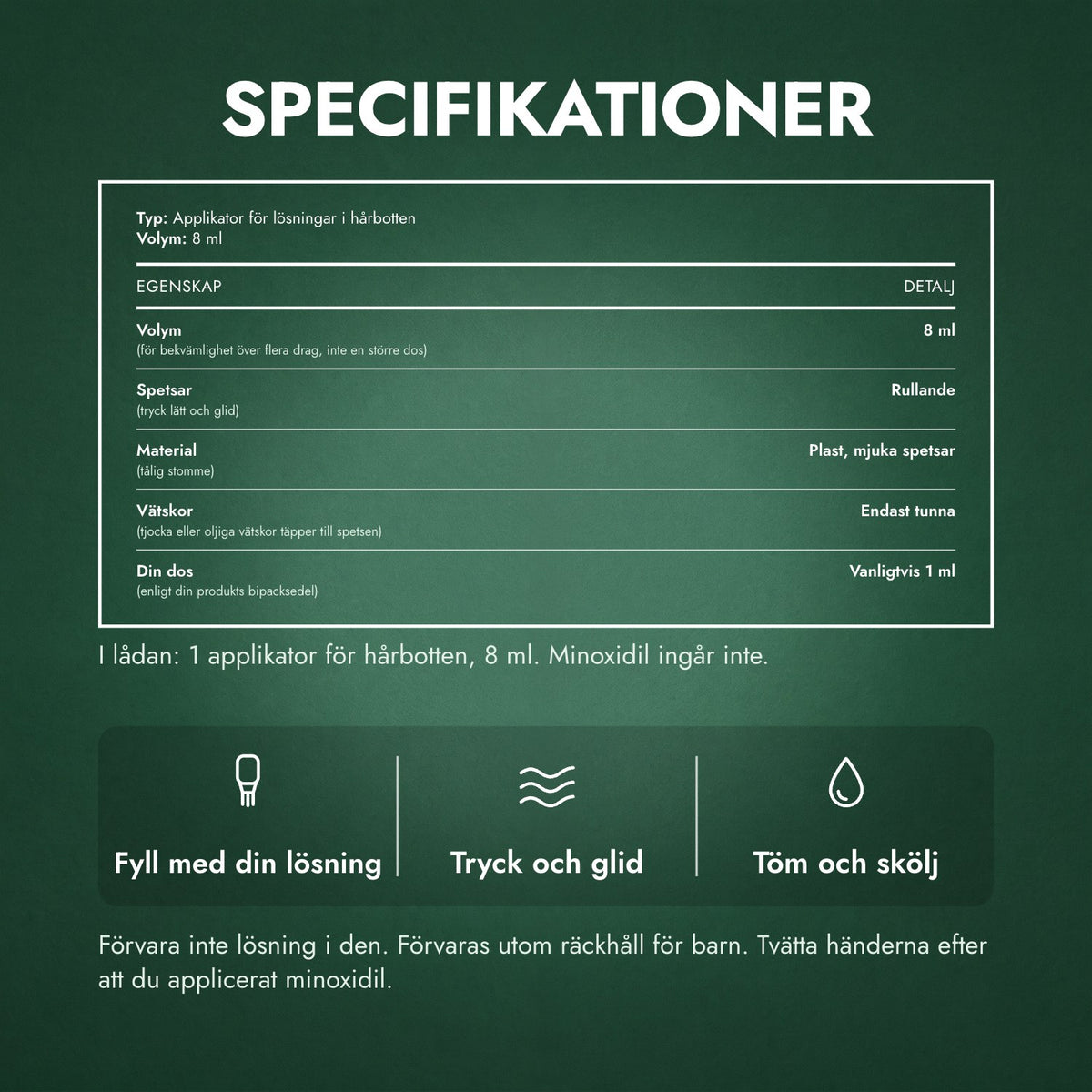 Specifikationer: Applikator för minoxidillösning, Premium 8 ml